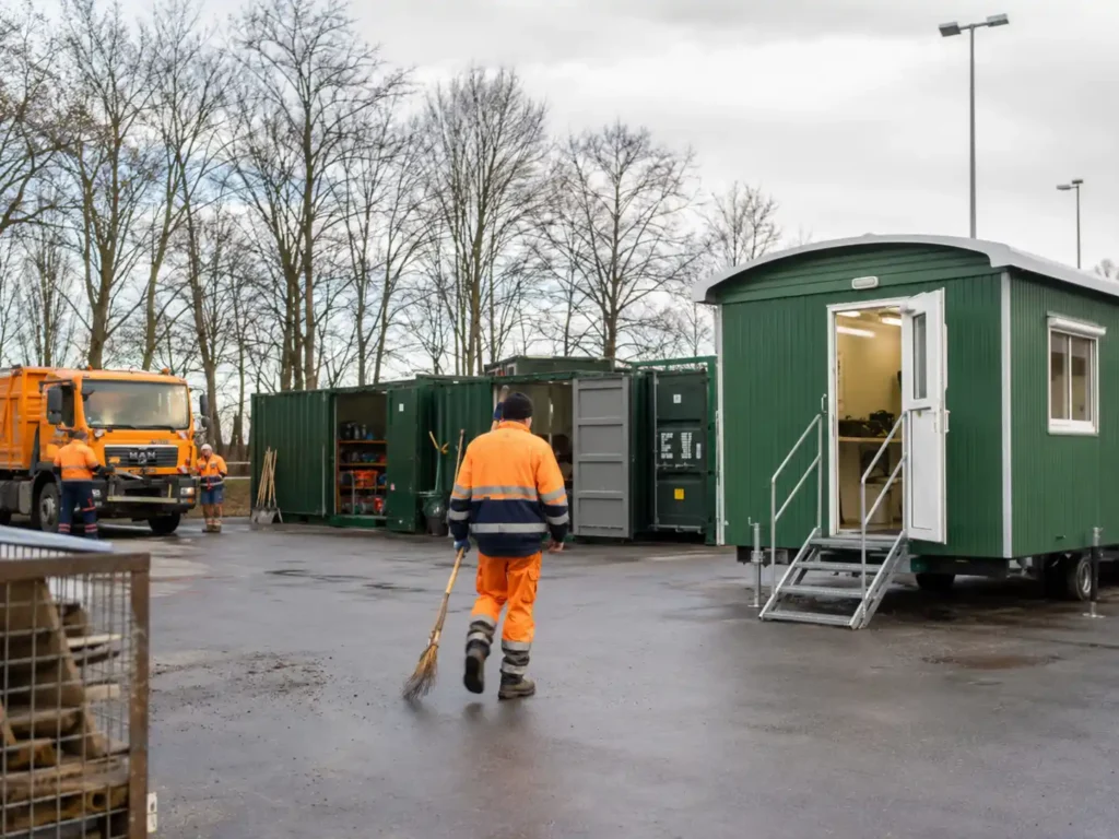 Mobiler Bauwagen und Container als Aufenthalts-, Büro-, Lager- und Werkstattraum für Bauhof, Baustelle und kommunale Arbeitsbereiche