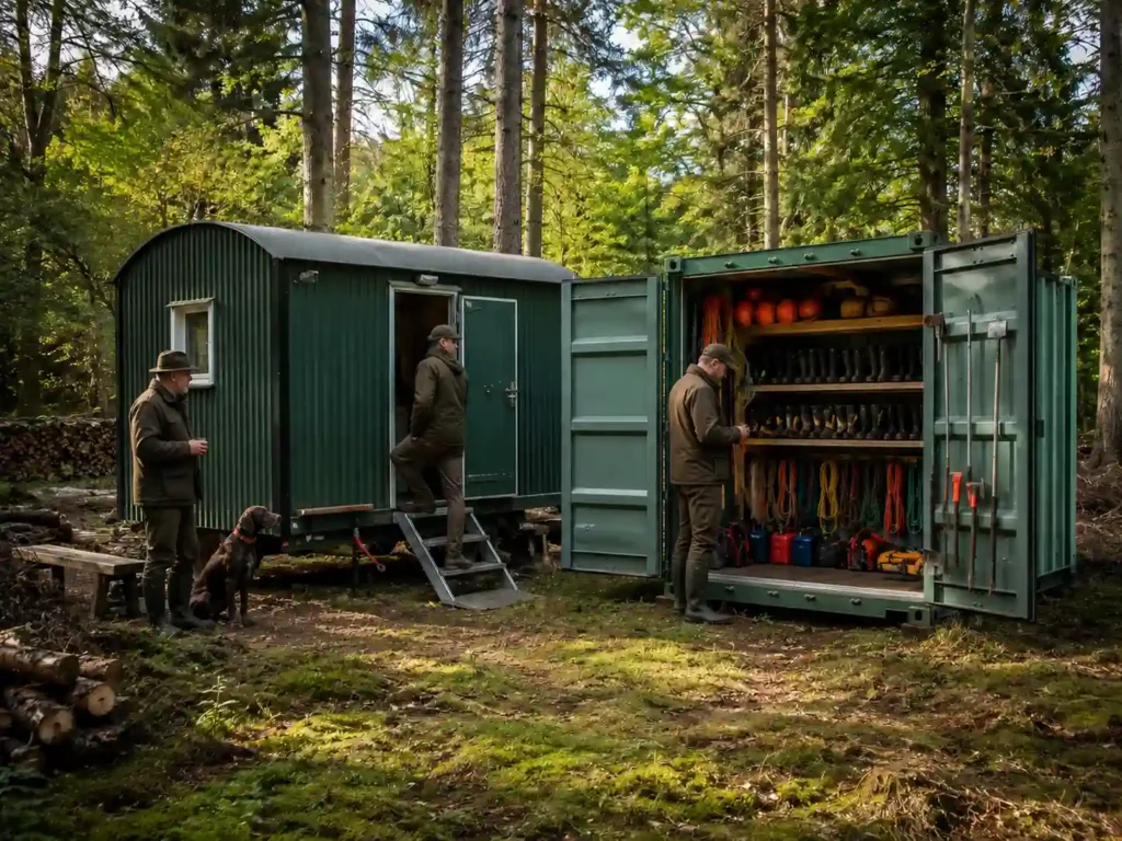 Mobiler Bauwagen und Container für Forst und Jagd als Aufenthaltsraum, Lagercontainer und Ausrüstungsraum im Waldrevier