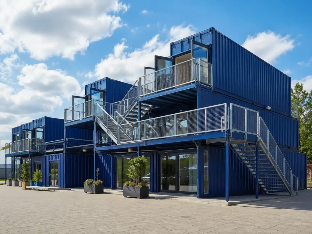 Moderne mehrstöckige Containeranlage aus blauen Containern – individuelle Container nach Kundenwunsch für Bürocontainer, Gewerbecontainer und modulare Containerlösungen kaufen